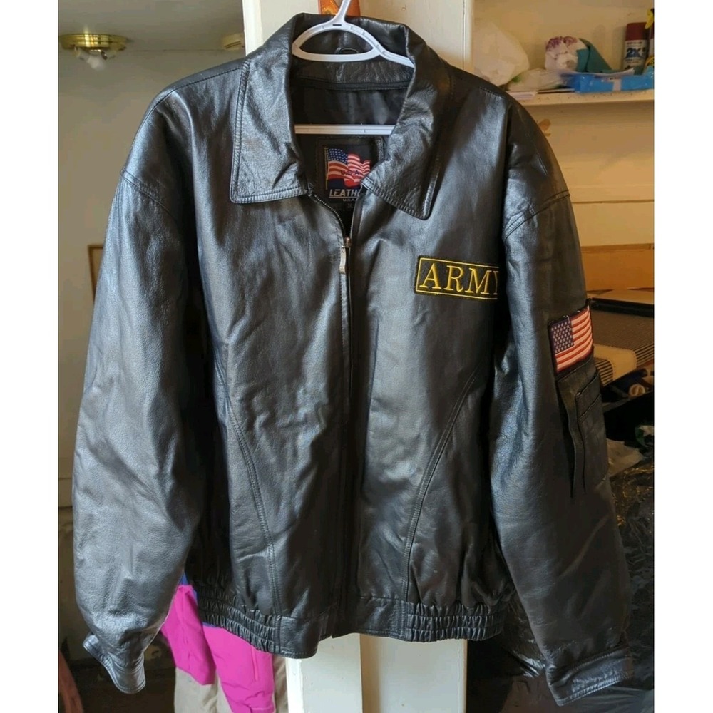 Army US Leather Jacket Coat Black Leather Bomber Mens 3XL Made In USA Nice!